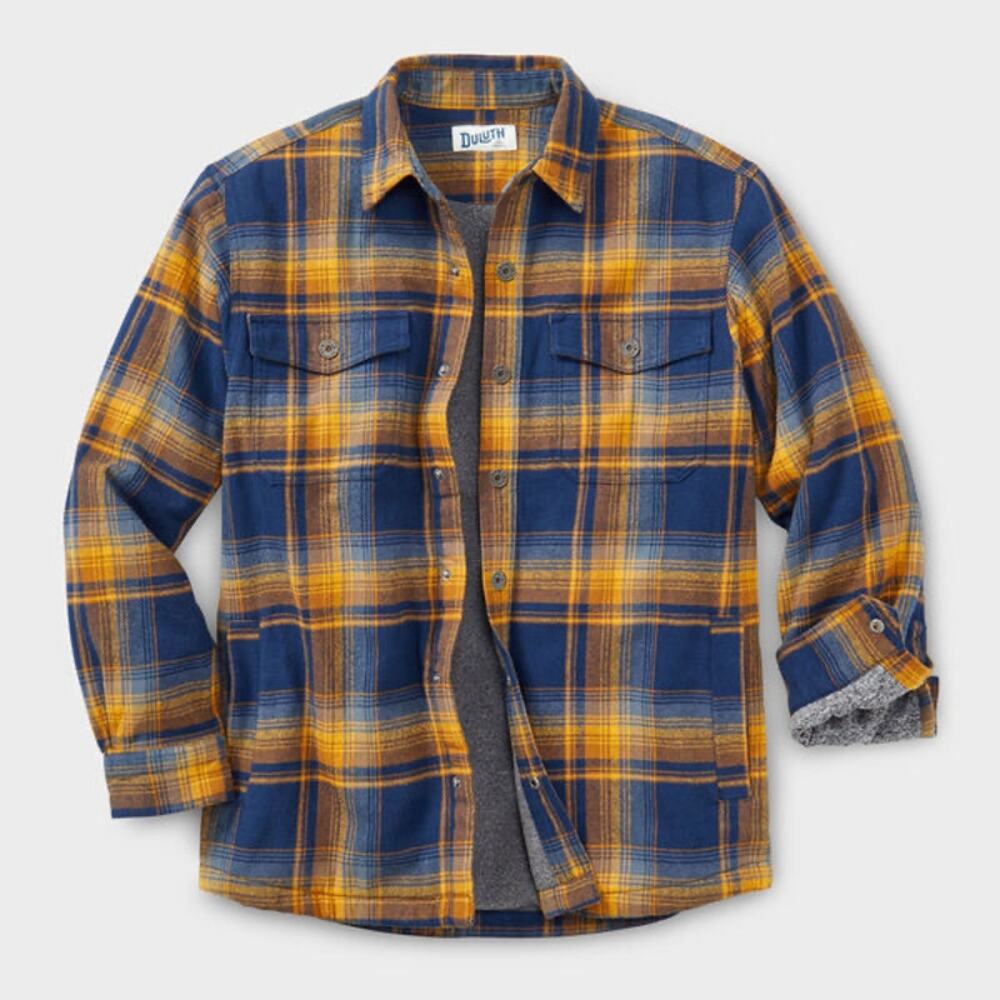 Duluth Trading Co Blue Yellow Plaid Flapjack Fleece-Lined Shirt Jacket 2XL NWT